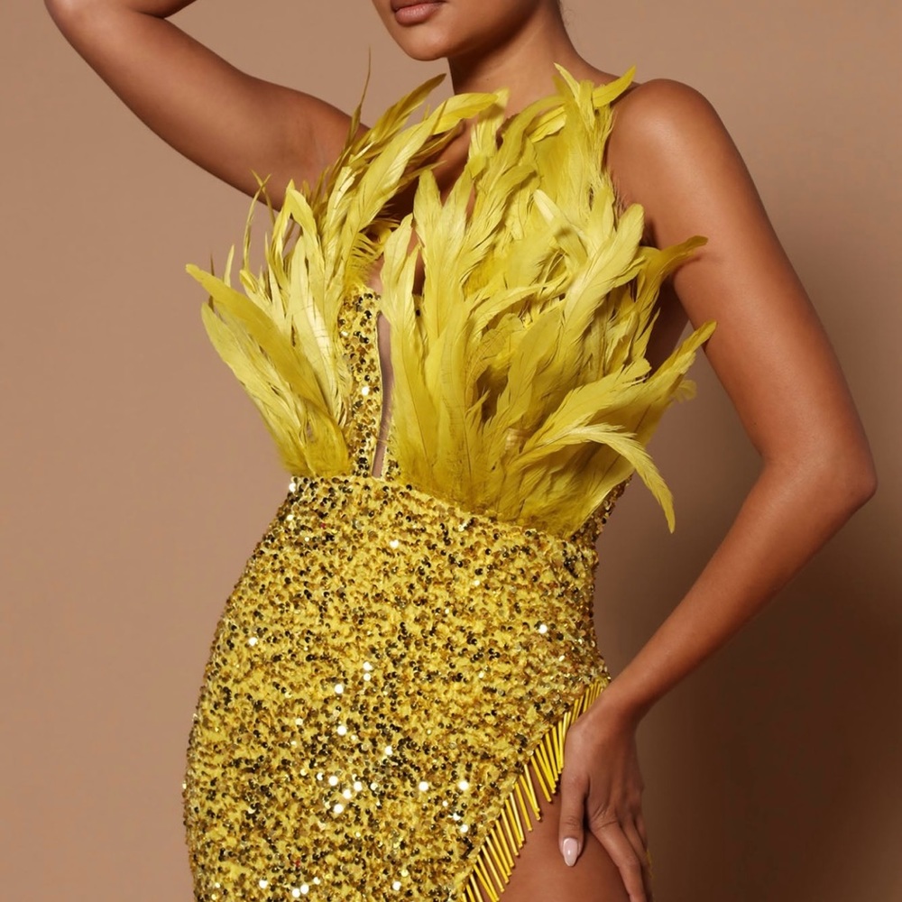 Angelina Feather Sequin Maxi Dress - Chartreuse